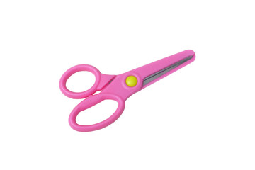 Pink plastic scissors for kid isolated on white background