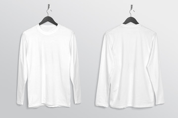 Front back of white plain long sleeve crew neck shirt hanging on wall