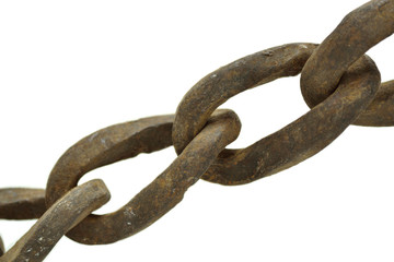 Close up of rusy chain on white background - Concept of teamwork, unity and strenght
