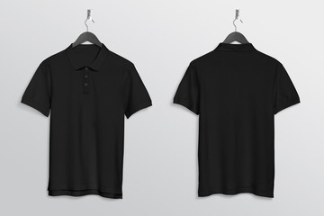 Front back of black plain polo t shirt hanging on wall