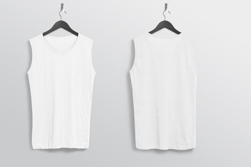 Front back of white plain sleeveless crew neck shirt hanging on wall