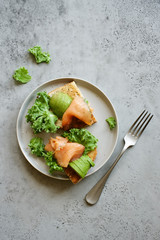 Salmon avocado toast. Open sandwich. Healthy snack