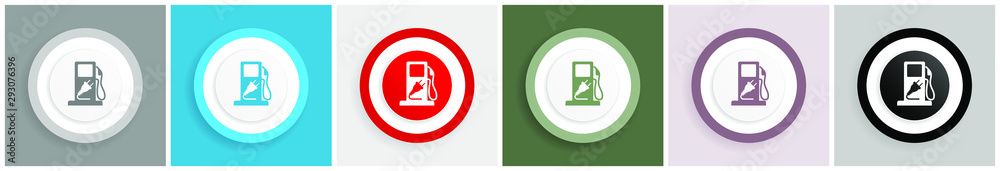 Poster Fuel icon set, colorful flat design vector illustrations in 6 options for web design and mobile applications