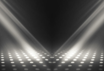 Empty background scene. Dark reflection of the street on wet asphalt. Rays of neon light in the dark, smoke. Background of an empty stage show. Abstract dark background.