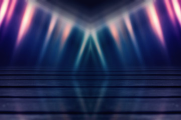 Background of empty dark scene with wooden old floor. Neon light smoke. Dark abstract background