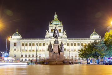 Naklejka premium National Museum on Wenceslas Square at night, Prague, Czech Republic