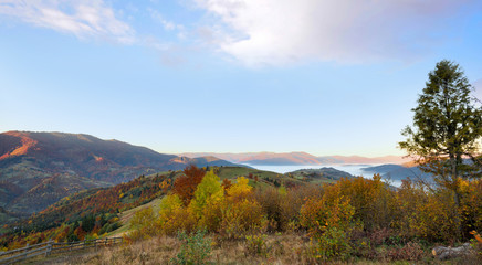 Beautiful autumn mountain landscape in the morning light with fog and bright hills. Carpathian, Ukraine, Europe.