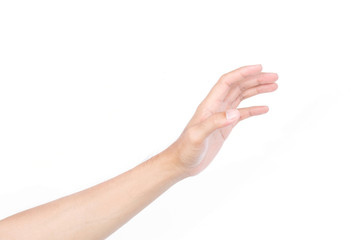 Man hands holding something on white background for product advertising concept