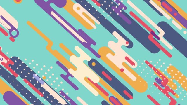 Abstract background in flat style with 2d animation of rounded rectangles and lines on colorful backdrop.