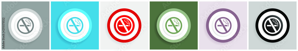 Poster no smoking icon set, colorful flat design vector illustrations in 6 options for web design and mobil