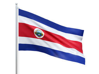 Costa Rica state flag waving on white background, close up, isolated. 3D render