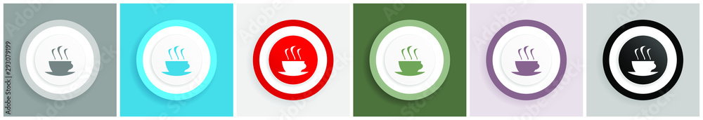 Poster Coffee icon set, colorful flat design vector illustrations in 6 options for web design and mobile applications