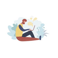 Flat character. Man working on a computer. Blogger, influencer