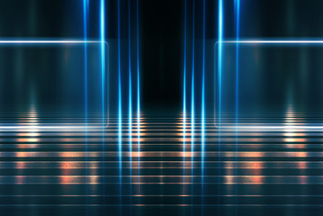 Abstract background. Dark empty stage, multi-colored rays of a neon searchlight, wet asphalt, smoke, night shooting, bokeh color.
