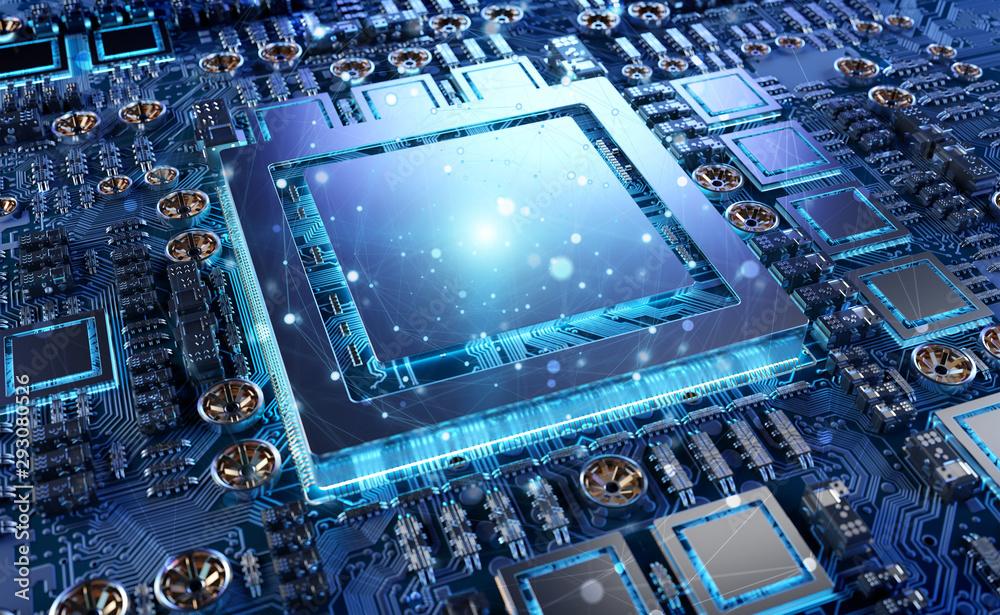 Fototapete close-up view of a modern gpu card with connections 3d rendering