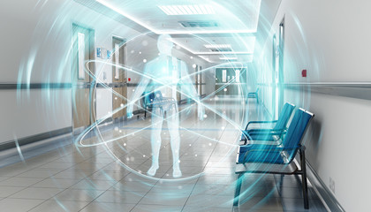 Hospital blue corridor with xray digital body floating in dots connections 3D rendering