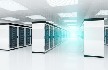 White servers data center room with bright halo light through the corridor 3D rendering