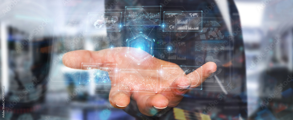 Poster Businessman using digital technological interface with datas 3D rendering