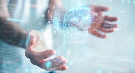 Businessman using digital artificial intelligence head interface 3D rendering