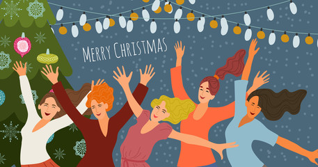 Merry christmas and happy new year. Cheerful smiling jumping girls at a corporate party on the background of festive garlands and christmas tree. Cute hand-drawn vector for cards