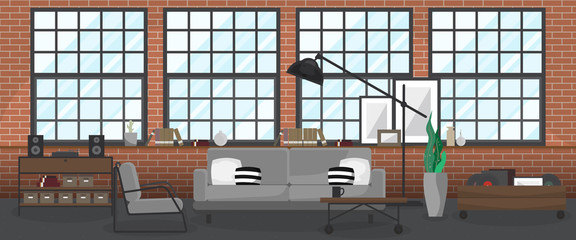 Industrial Interior flat design, Loft modern living room in dark tone furniture with red brick wall © Sucha Kittiwararat