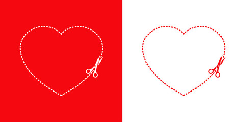 Logotipo con coraz&oacute;n con l&iacute;nea de puntos y tijera en rojo y blanco