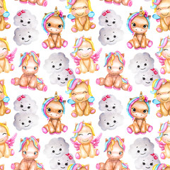 Watercolor pattern with baby unicorn and cloud. Seamless children pattern on a white background