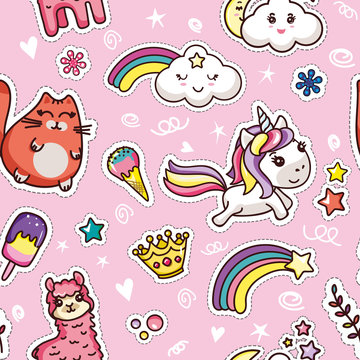 Cute Kawai Seamless Pattern on Pink Background