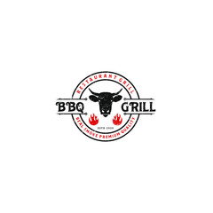 Barbecue bbq grill restaurant food drink logo design - barbeque fire cow meat sausage spatula element