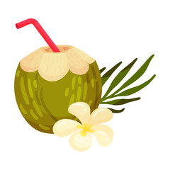 Vector Illustration Of Homemade Cocktail In A Green Coconut With Vanilla Flower