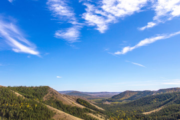 Fototapeta premium Nuraly mountain range near Zyuratkul national park. Nuraly mountain range is located on the border of the Bashkortostan republic and Chelyabinsk region. Bashkortostan, South Ural, Russia