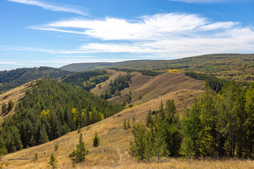 Naklejka premium Nuraly mountain range near Zyuratkul national park. Nuraly mountain range is located on the border of the Bashkortostan republic and Chelyabinsk region. Bashkortostan, South Ural, Russia