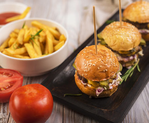Tasty set of burgers and french fries