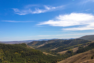 Fototapeta na wymiar Nuraly mountain range near Zyuratkul national park. Nuraly mountain range is located on the border of the Bashkortostan republic and Chelyabinsk region. Bashkortostan, South Ural, Russia