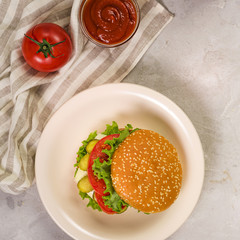 Top view classic burger with lettuce and dip