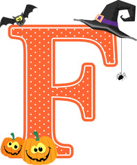 capital letter f with smiling pumpkins and halloween design elements isolated on white background. can be used for halloween season card, nursery decoration  or halloween paty invitation