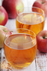 A glass with juice and apples