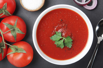 A plate with gazpacho - traditional Spanish tomato soup