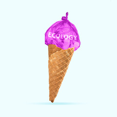 Ecology and environmental problems. Pink garbage bag as an incecream on blue background. Negative space. Modern design. Copyspace. Contemporary art. Creative conceptual and colorful collage.