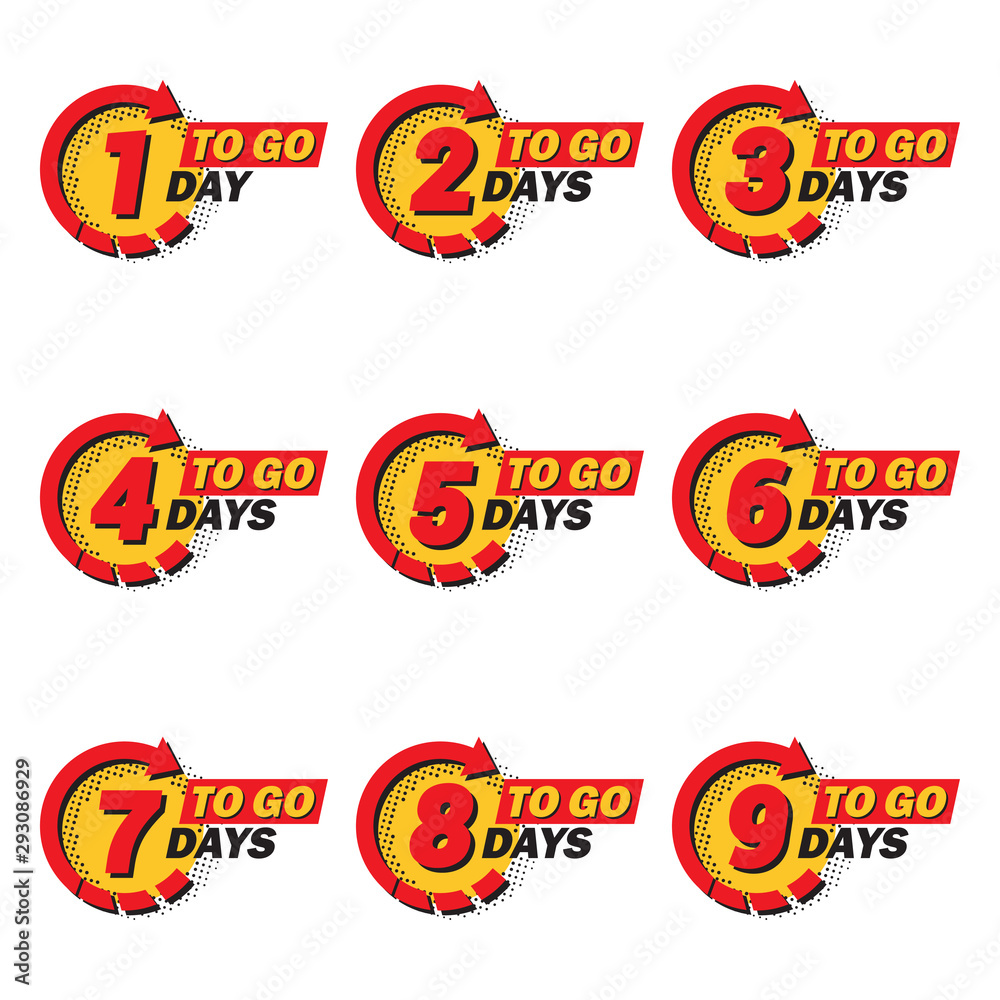 Poster Set of countdown 1 to 9 left days with arrow and halftone in a flat design. Announcement icons for promotion