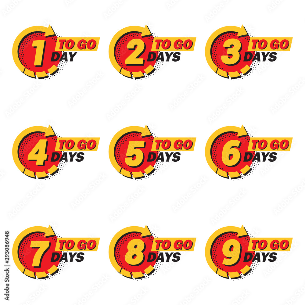 Aufkleber Set of countdown 1 to 9 left days with arrow and halftone in a flat design. Announcement icons for promotion