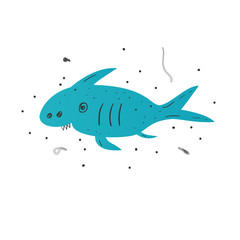 Cartoon character blue scandinavian shark cute baby on white background for print design.