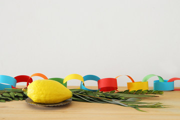 Jewish festival of Sukkot. Traditional symbols (The four species): Etrog, lulav, hadas, arava