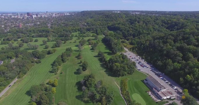 Aerial footage fly over of a golf course in Hamilton Ontario, Canada