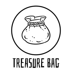 Cute cartoon treasure bag doodle image. Pouch logo. Media highlights graphic symbol