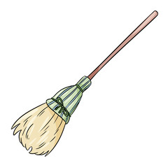 Cute broomstick doodle. Happy Halloween related icon - magic broom. Vector isolated symbol. Cartoon image element: witch or wizard old flying broom