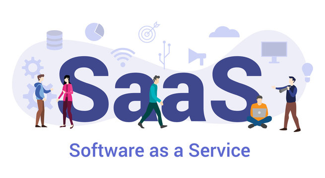saas software as a service concept with big word or text and team people with modern flat style - vector