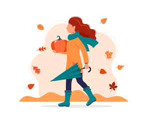 Woman walking with umbrella and pumpkin autumn. Vector illustration in flat style