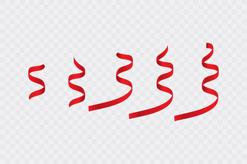 Red curly ribbon serpentine confetti. Red streamers set on transparent background. Colorful design decoration party, holiday event, carnival, Christmas, New Year greeting. Vector illustration