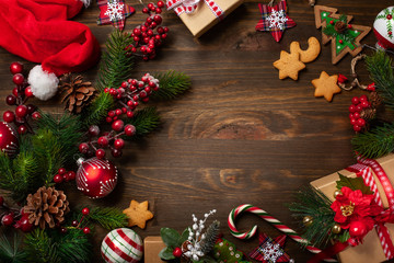 Fototapeta na wymiar Christmas greeting card with Christmas decorations.